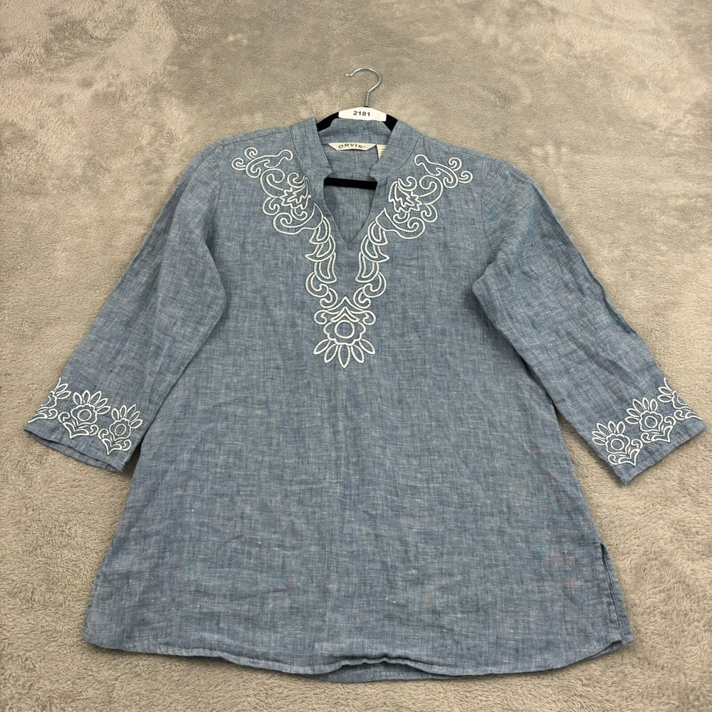 Orvis Embroidered Linen Tunic Top Womens‎ S (6/8) Blue 3/4 Sleeve Lagenlook Boho